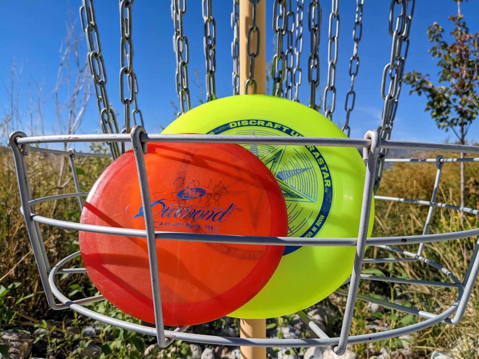 Ultimate Frisbee in a disc golf basket